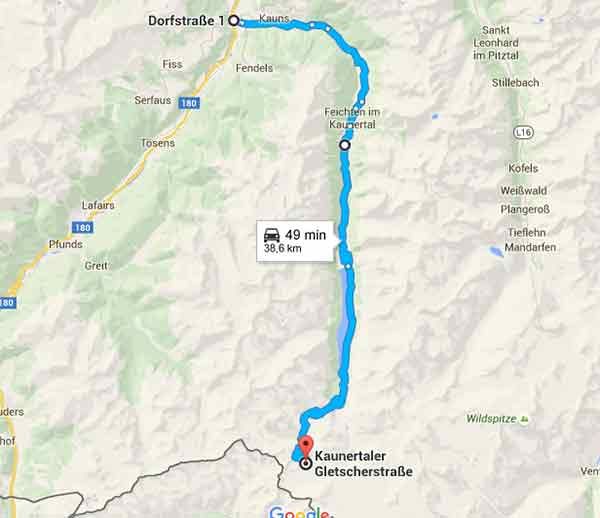 La spettacolare strada del ghiacciaio Kaunertal in Austria - Mappa