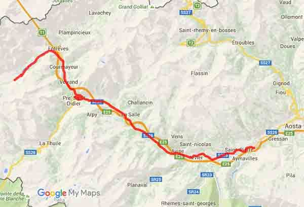 In moto in Valle d'Aosta: la Val Veny e il Monte Bianco - Mappa