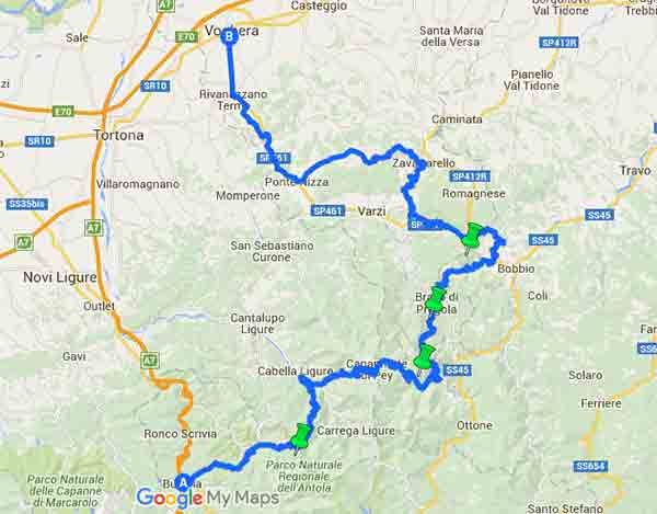 Mototurismo tra i passi dell'Appenino dell'Oltrepò Pavese - Mappa