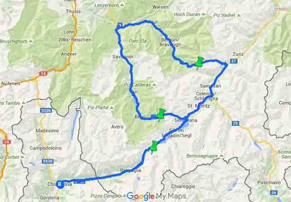 3 passi delle Alpi in Svizzera: Maloja, Julierpass, Albula - Mappa
