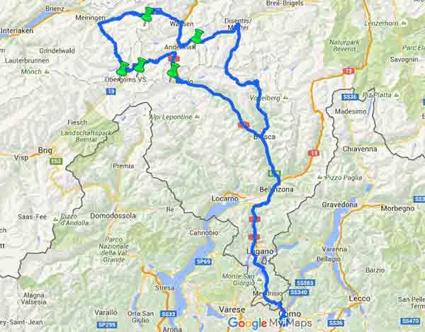 Su e giù in moto tra i tornanti di 5 mitici passi svizzeri - Mappa