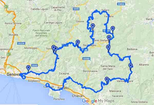 L'Alta via dei Monti Liguri di Genova in motocicletta - Mappa