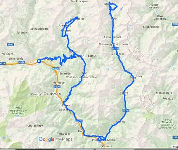 Vacanze in moto in Valle d'Aosta fra Gressoney  e Champoluc - Mappa