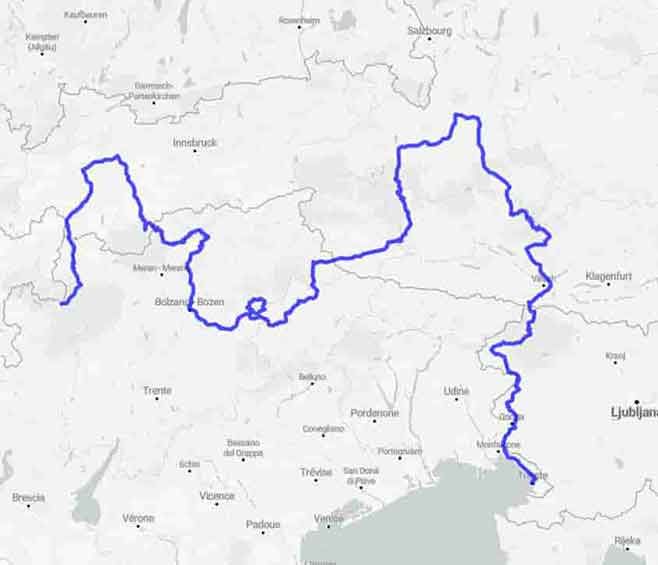Traversata delle Alpi da Trieste allo Stelvio e Umbrail Pass - Mappa