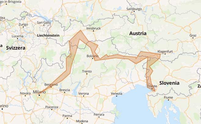 Passaggio a Nord-Est di Alpi e Dolomiti da Milano a Trieste - Mappa