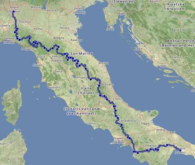 Milano-Taranto in moto da nord a sud seguendo gli Appennini - Mappa