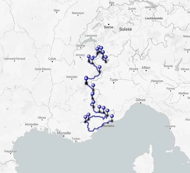 Monte Bianco, Route de Grand Alpes e Gole del Verdon in moto - Mappa