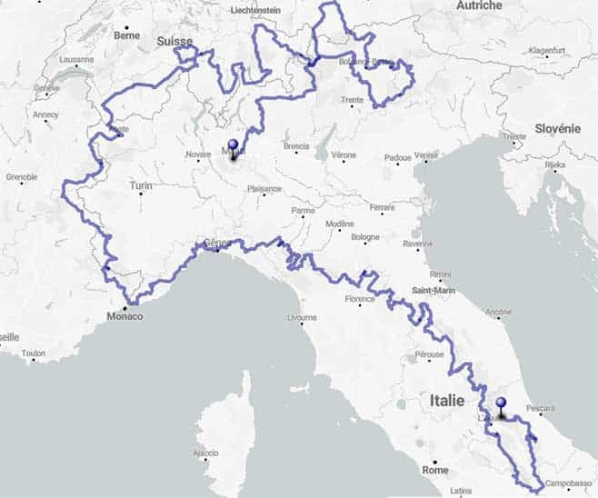 101 passi, l'incredibile sfida in moto ad Alpi ed Appennini - Mappa