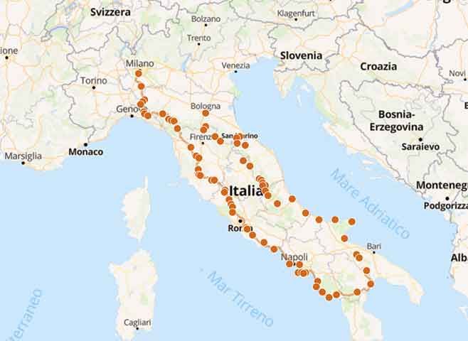 Gran Italy tour in moto giù e su lo stivale tra monti e mari - Mappa