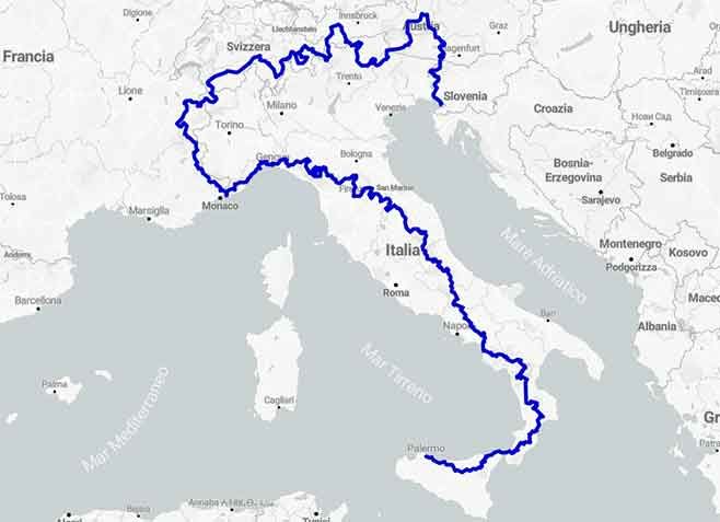 Trieste Palermo sul dorso di Alpi Dolomiti ed Appennini - Mappa
