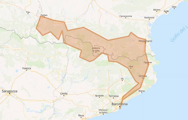 Mototurismo spettacolare su e giù dai colli dei Pirenei - Mappa